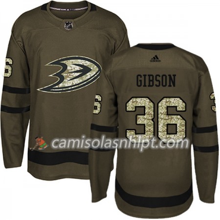 Camisola Anaheim Ducks John Gibson 36 Adidas 2017-2018 Camo Verde Authentic - Homem